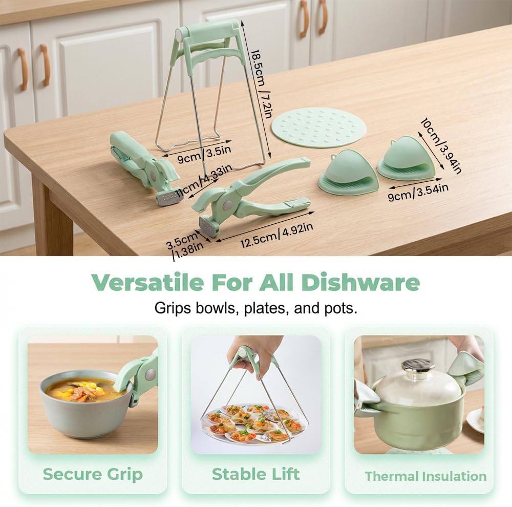 4-Piece Hot Plate Gripper Set, Anti-Scalding Kitchen Bowl Gripper with Silicone Pads, Stainless Steel Clips & Mini Gloves, Holder Tongs for Microwave, Air Fryer, Oven, Steamer Green