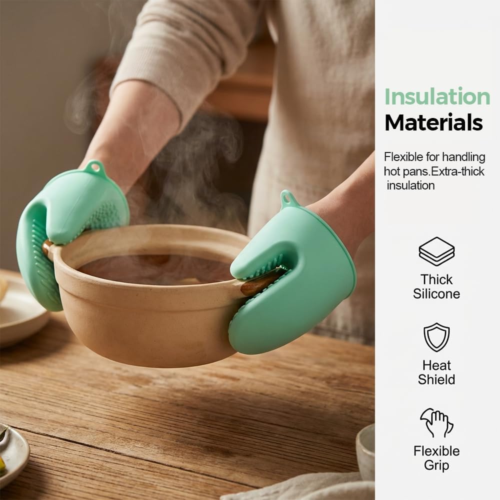 4-Piece Hot Plate Gripper Set, Anti-Scalding Kitchen Bowl Gripper with Silicone Pads, Stainless Steel Clips & Mini Gloves, Holder Tongs for Microwave, Air Fryer, Oven, Steamer Green
