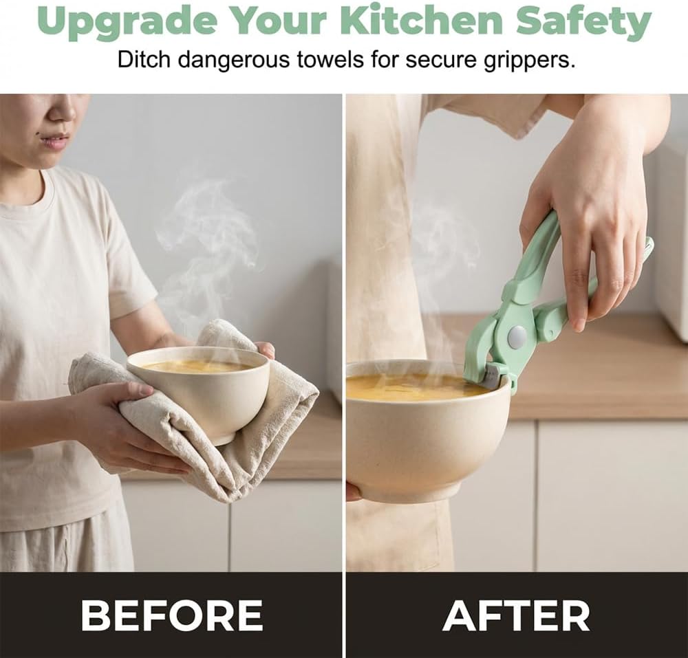 4-Piece Hot Plate Gripper Set, Anti-Scalding Kitchen Bowl Gripper with Silicone Pads, Stainless Steel Clips & Mini Gloves, Holder Tongs for Microwave, Air Fryer, Oven, Steamer Green