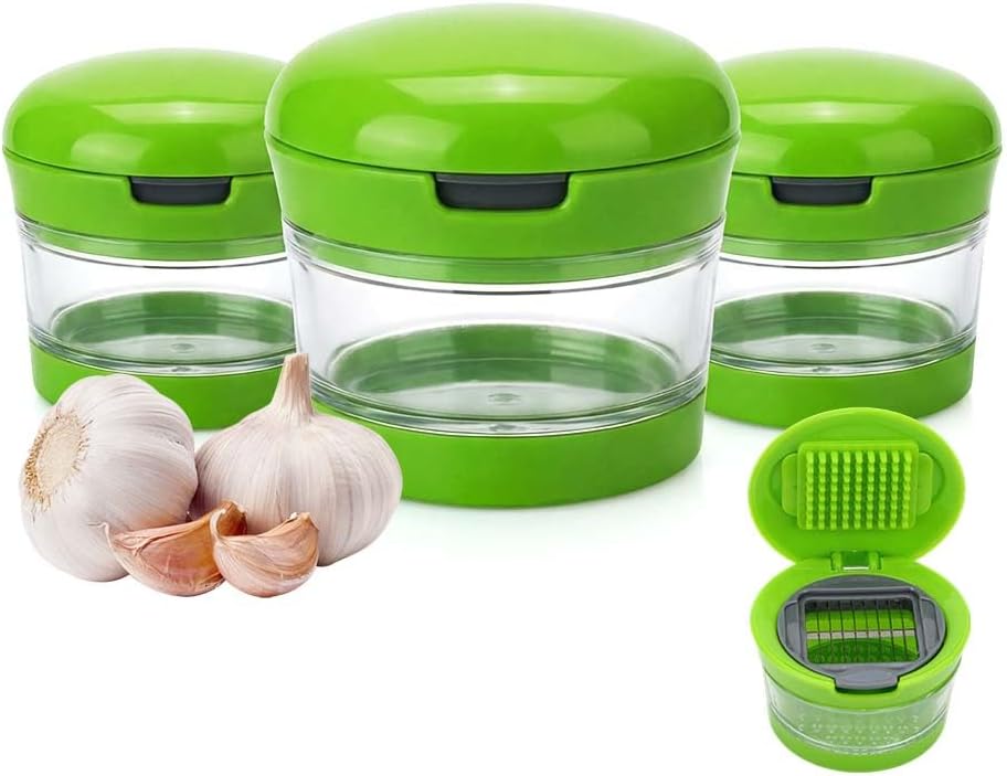 Mini Garlic Chopper and Press with Storage Container, Manual Garlic Mincer Crher Cutter, Premium Stainless Steel Blades, Handheld Compact Kitchen Gadget for Garlic, Ginger & Small Herbs 3PCS