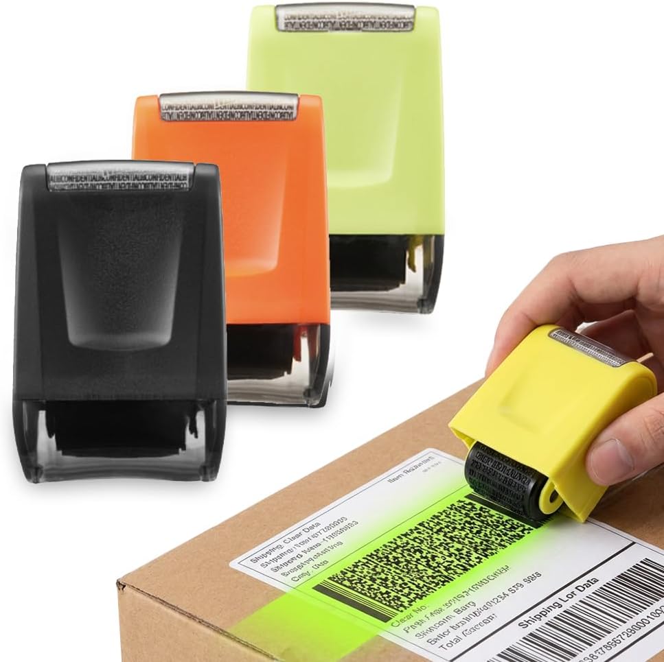 3PCS Identity Theft Protection Roller Stamp, Privacy Security Stamp for Confidential Information, Blackout Roller for Mail, Address, ID & Document Protection Mix: Orange, Black, Green