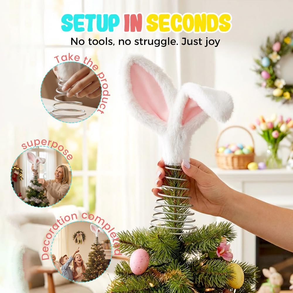 Easter Tree Topper Bunny Ears, Plh Metal Rabbit Ornament, Cute Bendable Spring Holiday Tree Decoration for Easter Home Party Supplies 2PCS