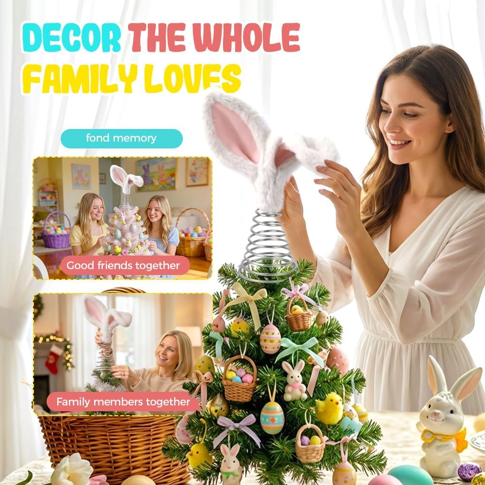 Easter Tree Topper Bunny Ears, Plh Metal Rabbit Ornament, Cute Bendable Spring Holiday Tree Decoration for Easter Home Party Supplies 2PCS