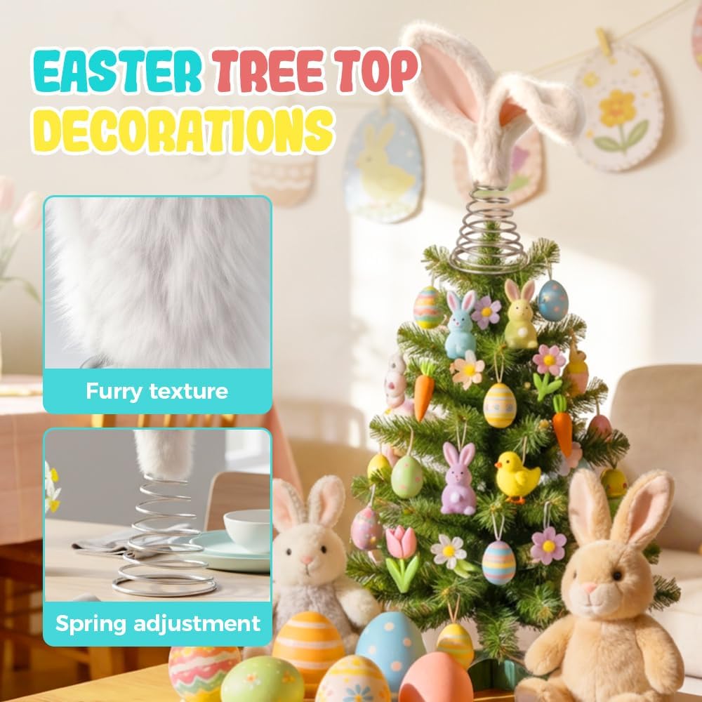 Easter Tree Topper Bunny Ears, Plh Metal Rabbit Ornament, Cute Bendable Spring Holiday Tree Decoration for Easter Home Party Supplies 2PCS