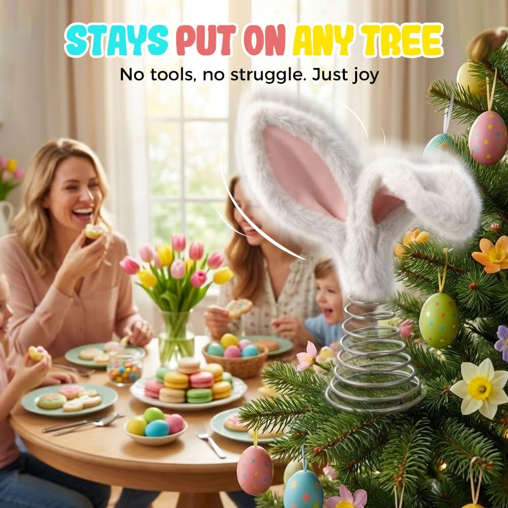 Easter Tree Topper Bunny Ears, Plh Metal Rabbit Ornament, Cute Bendable Spring Holiday Tree Decoration for Easter Home Party Supplies 2PCS