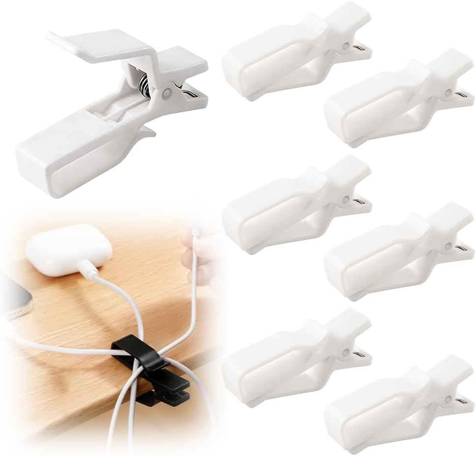 Cable Management Cord Holder Organizer, Cable Clips Holder with Strong Grip, Cord Organizer for Desk Wire Management, Cable Clamps for Cords, Cables White, 6PCS