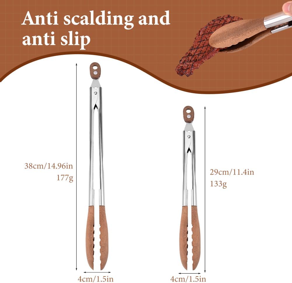 Walnut Wood Tongs for Cooking, Stainless Steel Anti-Slip Long Handle Wood Salad Tongs, Cooking Tong Tools for Serving Food Bbq Kitchen Hoehold Long 12in
