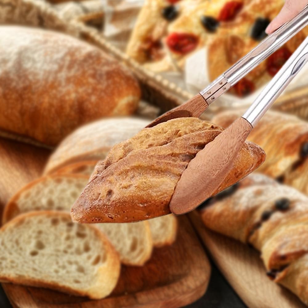 Walnut Wood Tongs for Cooking, Stainless Steel Anti-Slip Long Handle Wood Salad Tongs, Cooking Tong Tools for Serving Food Bbq Kitchen Hoehold Long 12in