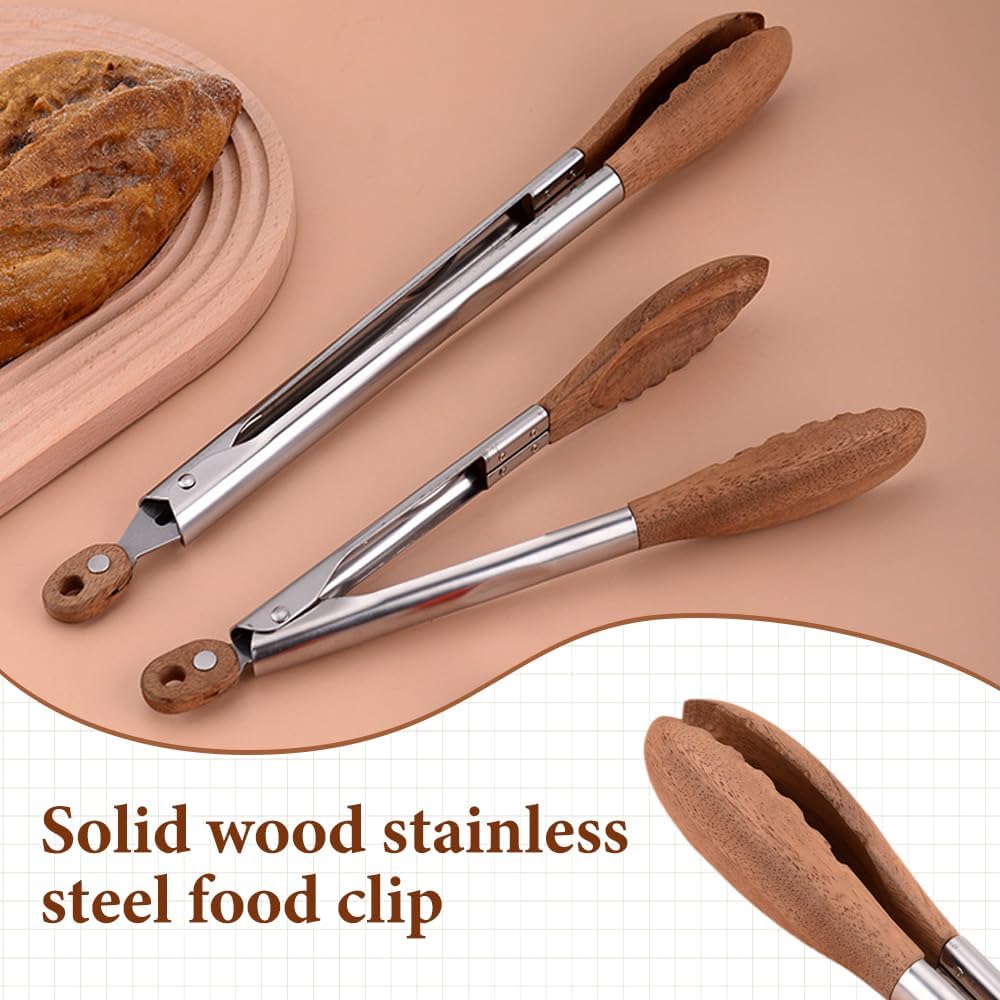 Walnut Wood Tongs for Cooking, Stainless Steel Anti-Slip Long Handle Wood Salad Tongs, Cooking Tong Tools for Serving Food Bbq Kitchen Hoehold Long 12in