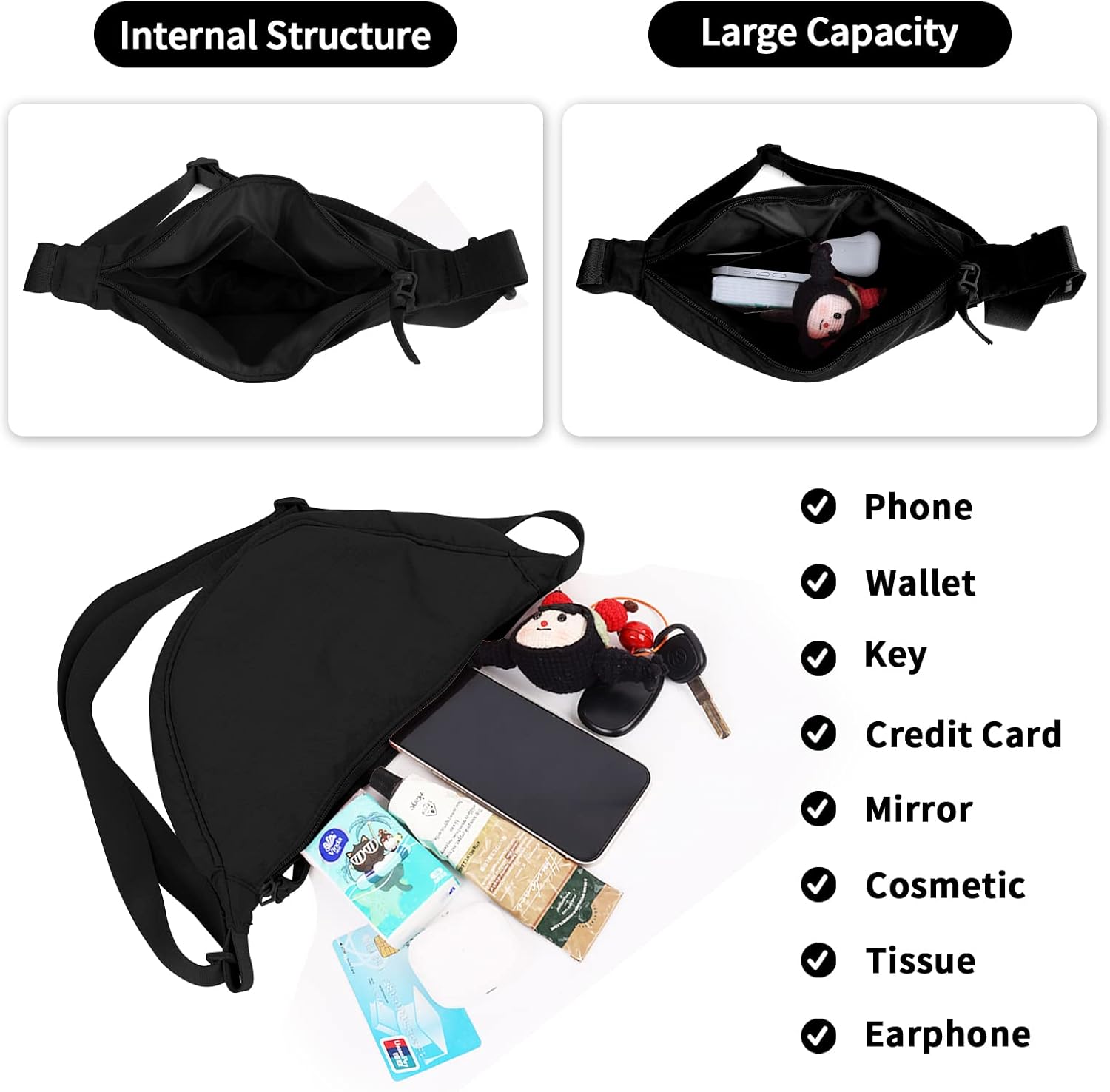 Nylon Crescent Crossbody Bag for Women Purses Trendy Men,Small Travel Sling Bag Hobo