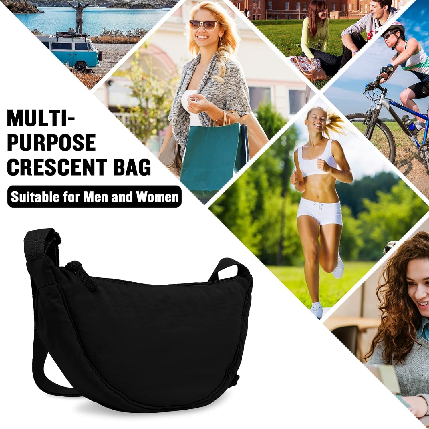 Nylon Crescent Crossbody Bag for Women Purses Trendy Men,Small Travel Sling Bag Hobo