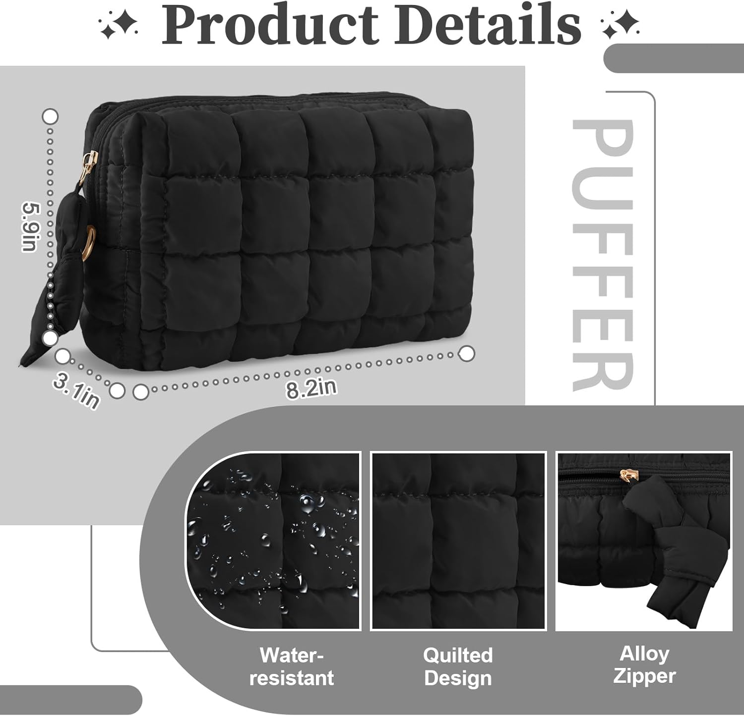 Puffer Quilted Makeup Bag Cosmetic Bags,Puffy Travel Toiletry Pouch for Women,Cute Checkered Zipper Bag Travel Essential,Portable Aesthetic Make up Organizer Bag for Gifts Work Daily Black,M