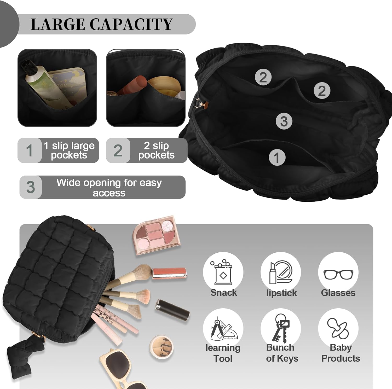 Puffer Quilted Makeup Bag Cosmetic Bags,Puffy Travel Toiletry Pouch for Women,Cute Checkered Zipper Bag Travel Essential,Portable Aesthetic Make up Organizer Bag for Gifts Work Daily Black,M