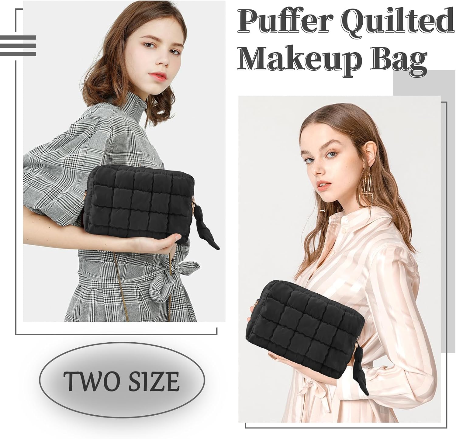 Puffer Quilted Makeup Bag Cosmetic Bags,Puffy Travel Toiletry Pouch for Women,Cute Checkered Zipper Bag Travel Essential,Portable Aesthetic Make up Organizer Bag for Gifts Work Daily Black,M