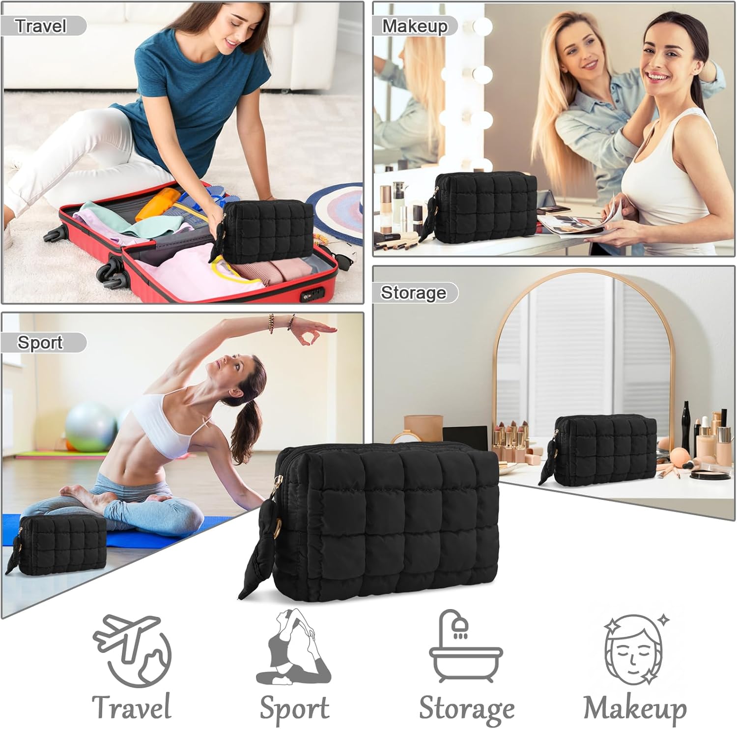 Puffer Quilted Makeup Bag Cosmetic Bags,Puffy Travel Toiletry Pouch for Women,Cute Checkered Zipper Bag Travel Essential,Portable Aesthetic Make up Organizer Bag for Gifts Work Daily Black,M