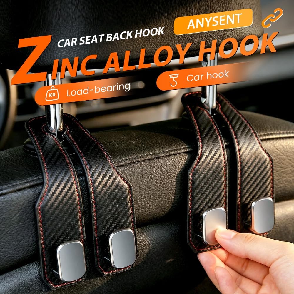 Car Seat Back Double Hook, Universal Premium Stitched Leather and Aluminum-Magnesium Alloy Double Car Seat Back Storage Hook for Purses, Handbags, Bags Carbon Fiber, 2 pcs
