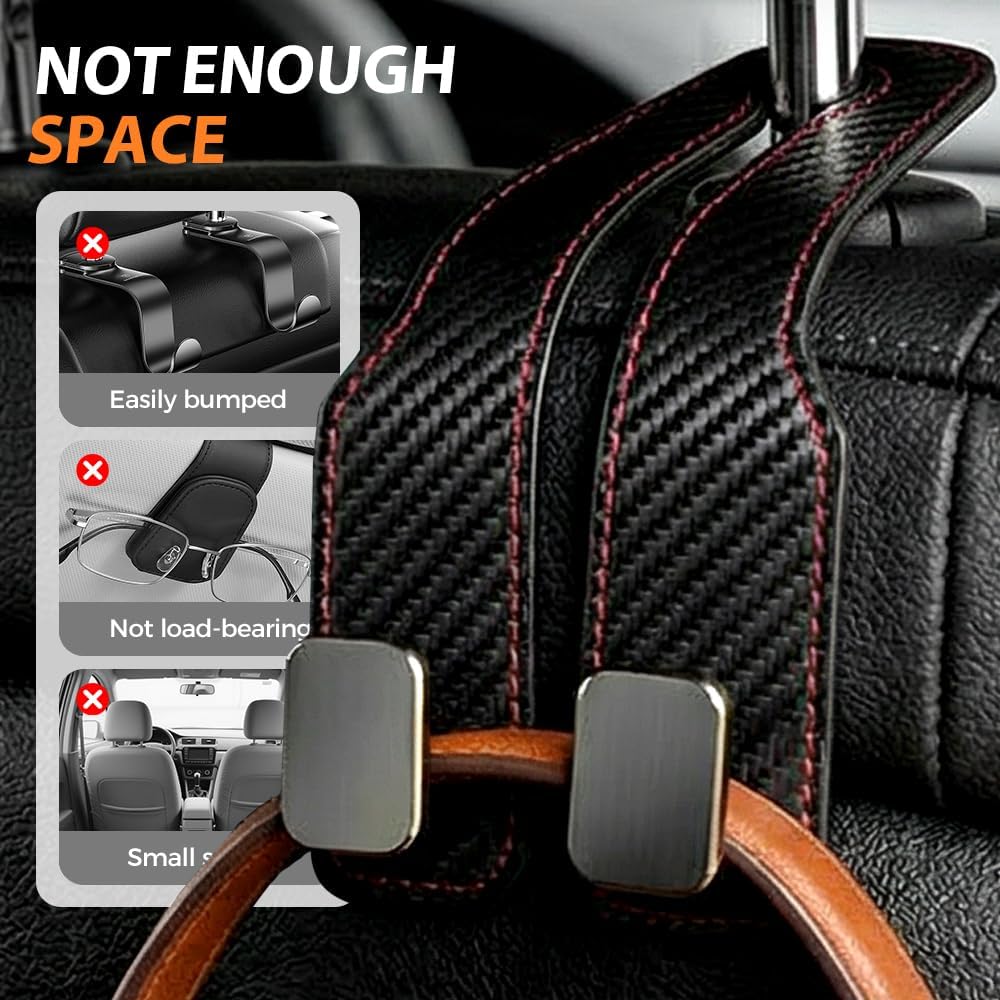 Car Seat Back Double Hook, Universal Premium Stitched Leather and Aluminum-Magnesium Alloy Double Car Seat Back Storage Hook for Purses, Handbags, Bags Carbon Fiber, 2 pcs