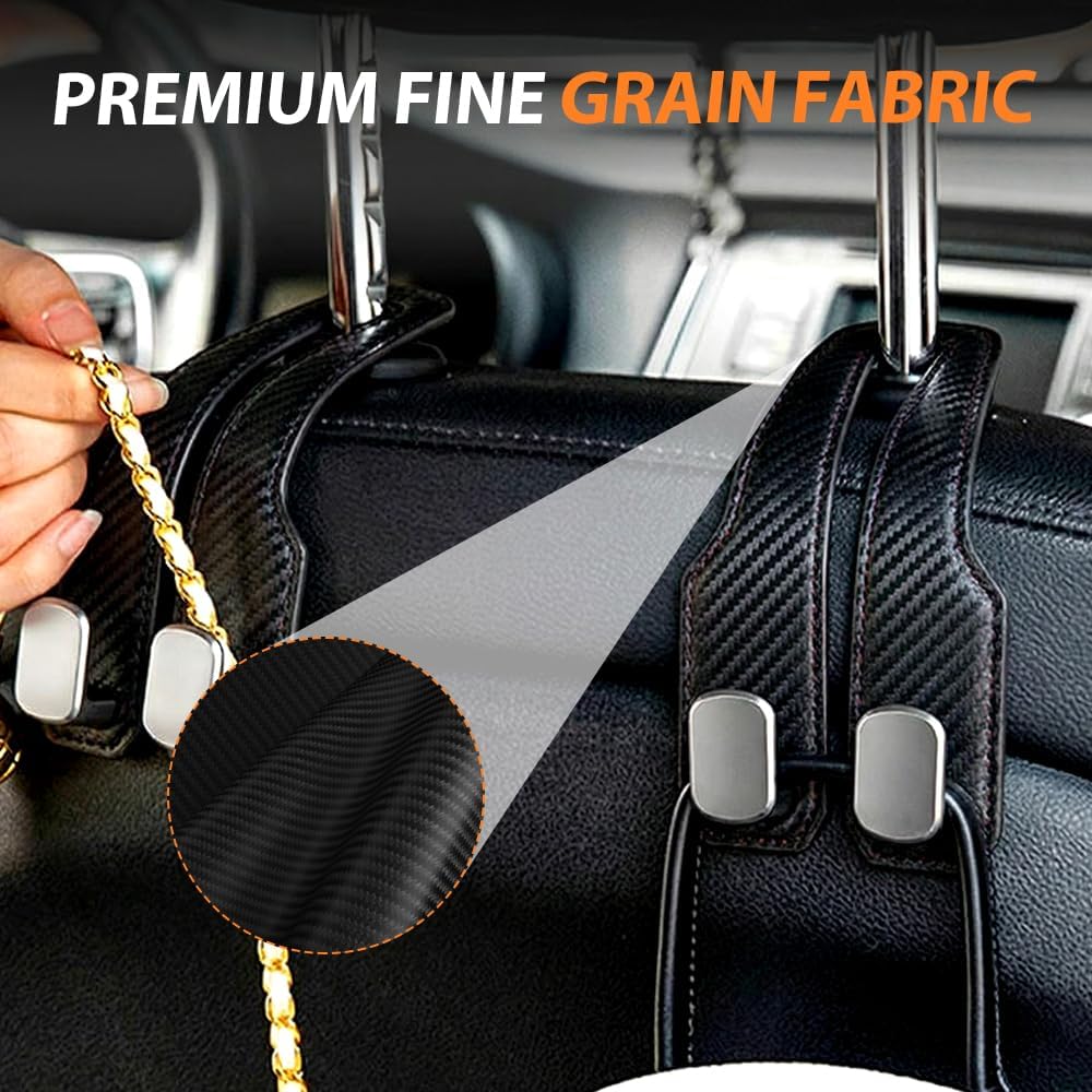 Car Seat Back Double Hook, Universal Premium Stitched Leather and Aluminum-Magnesium Alloy Double Car Seat Back Storage Hook for Purses, Handbags, Bags Carbon Fiber, 2 pcs
