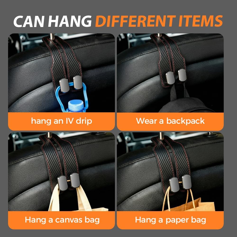 Car Seat Back Double Hook, Universal Premium Stitched Leather and Aluminum-Magnesium Alloy Double Car Seat Back Storage Hook for Purses, Handbags, Bags Carbon Fiber, 2 pcs