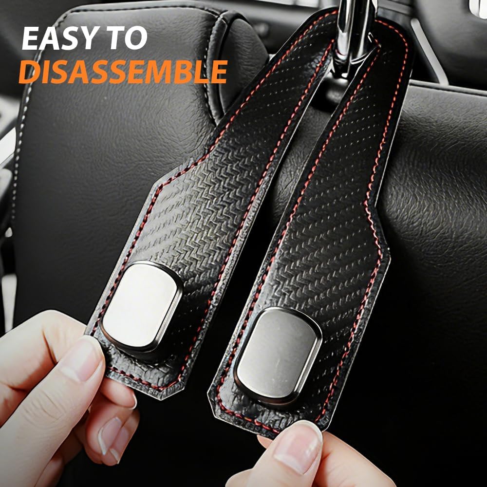 Car Seat Back Double Hook, Universal Premium Stitched Leather and Aluminum-Magnesium Alloy Double Car Seat Back Storage Hook for Purses, Handbags, Bags Carbon Fiber, 2 pcs