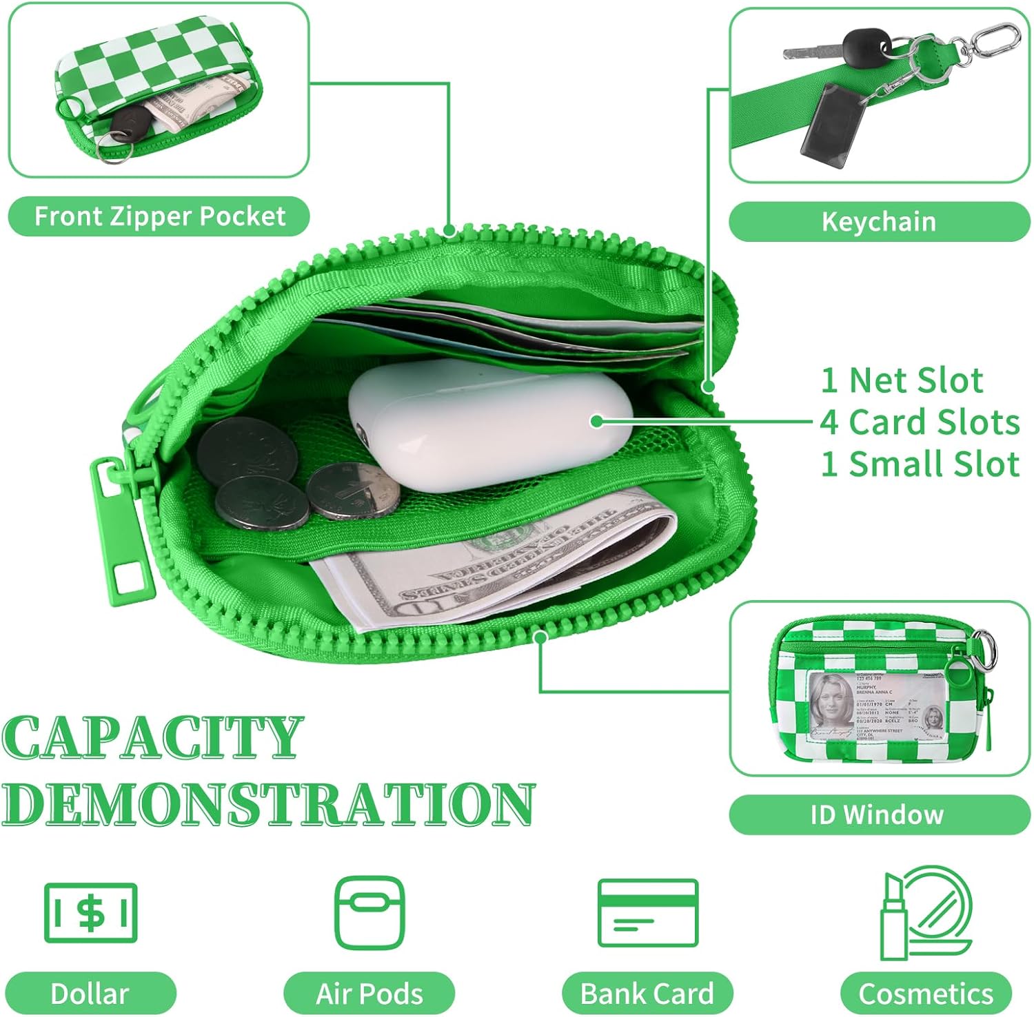 The Iris' Wallet Wristlet Pouch 2nd Gen for Women/Men,Iris Carry All Wallet Zip Card Case with ID Window,Portable Change Coin Purse,Waterproof Nylon Keychain Purse for Travel Daily Green