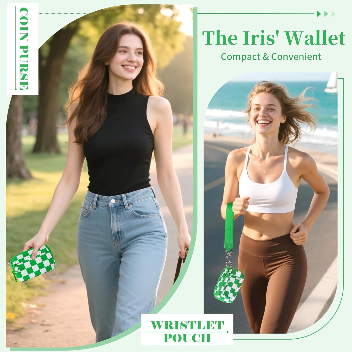 The Iris' Wallet Wristlet Pouch 2nd Gen for Women/Men,Iris Carry All Wallet Zip Card Case with ID Window,Portable Change Coin Purse,Waterproof Nylon Keychain Purse for Travel Daily Green