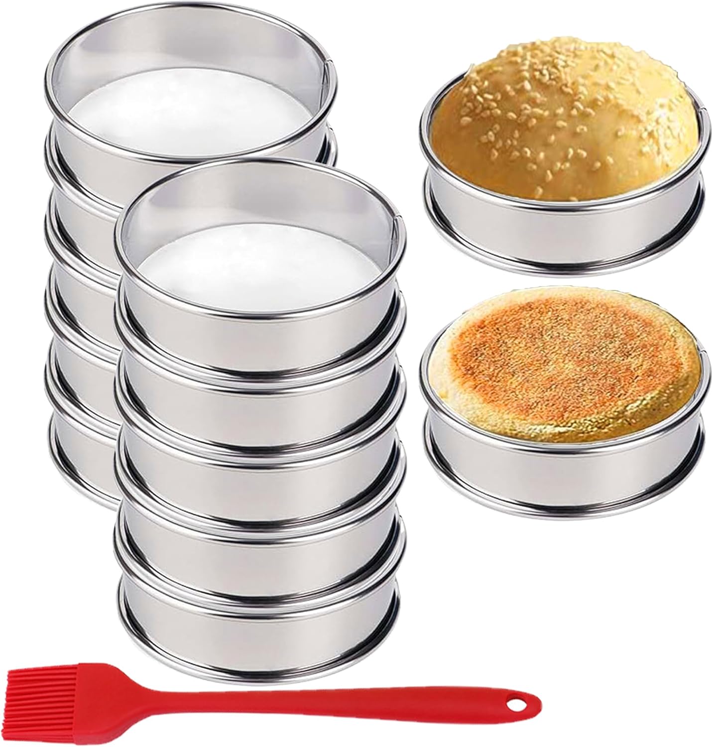 English Muffin Rings, Stainless Steel Crumpet Rings, 6 Pcs Nonstick Metal Round Ring Molds with Silicone Oil Brh 4 inch 12 pcs