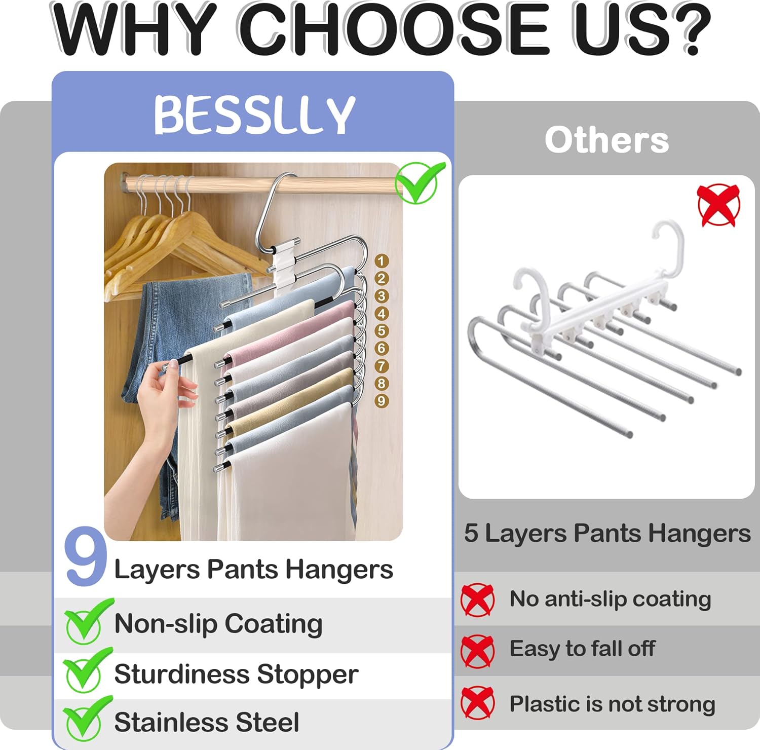 9 Layers Pants Hangers Space Saving, 2 Pack Multifunctional Pant Rack Stainless Steel Closet Organizer for Pants Jeans Leggings Troers, Antiquewhite