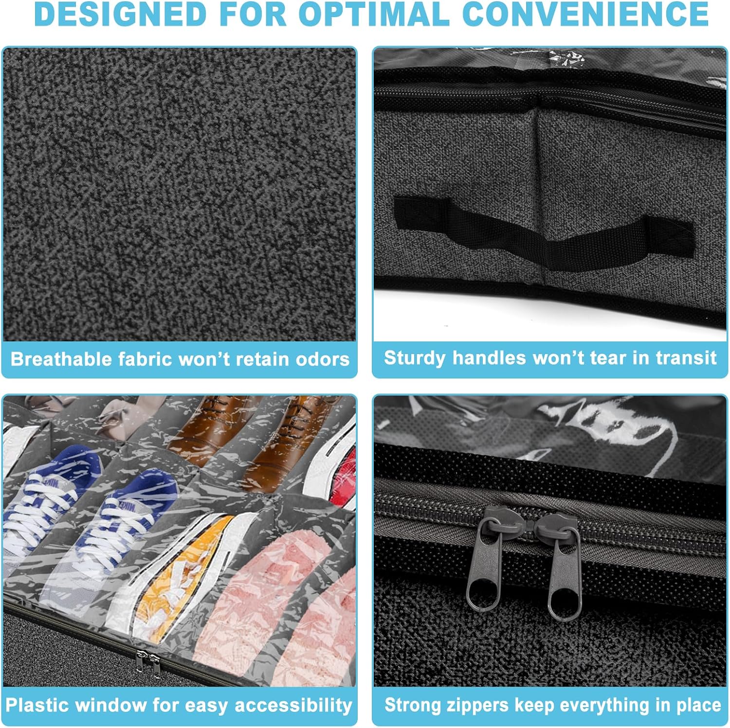Under Bed Shoe Storage Organizer for Closet, Fits 32 Pairs Underbed Shoes Box Storage Containers Under the Bed Storage Foldable with Sturdy Handles&Clear Window for College Dorms Grey, Set of 2