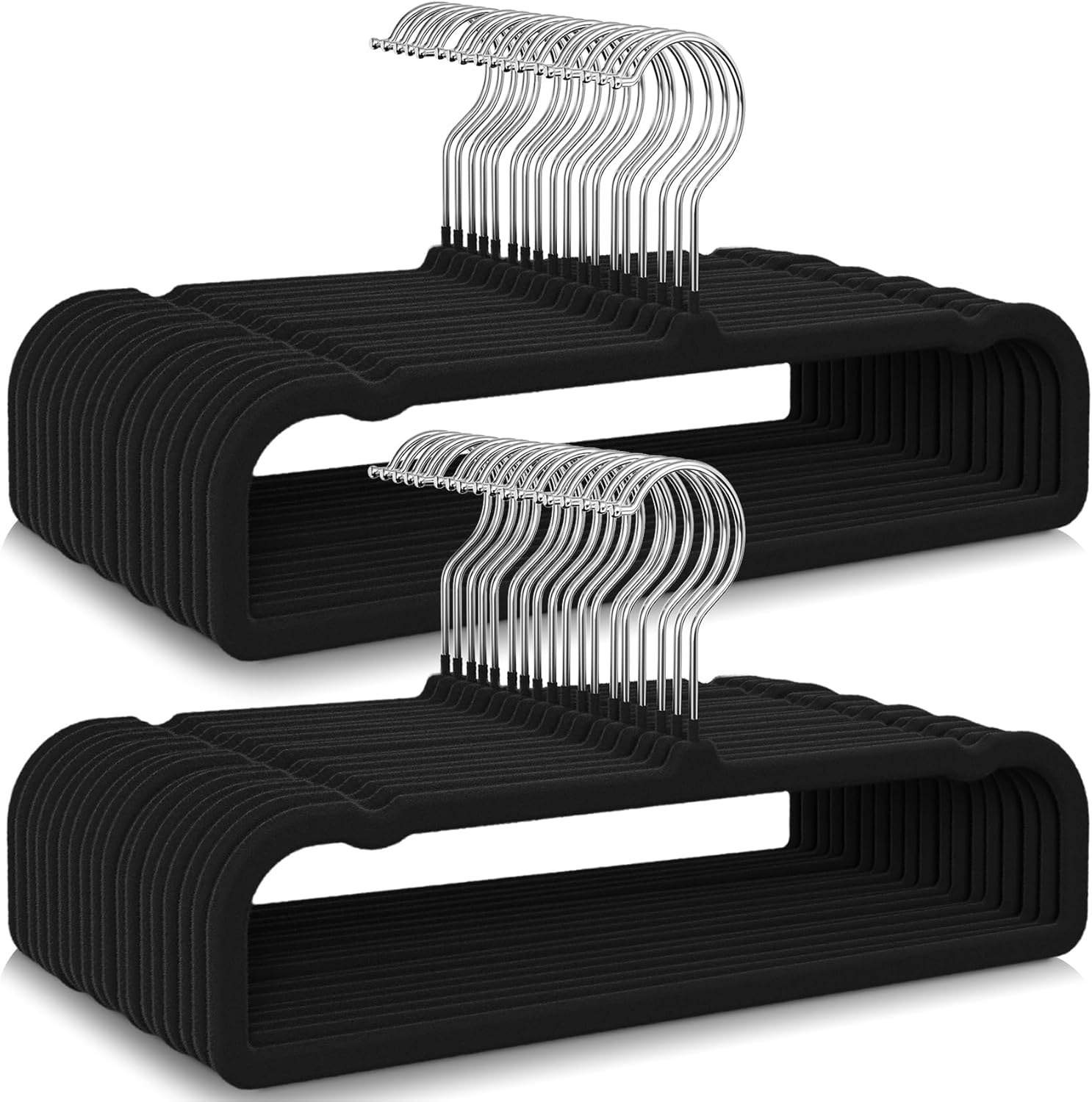 50 Pack Black Velvet Hangers Non Slip, Felt Pants Hangers Thin Space Saving Clothes Hanger Flocked Strong Durable Ganchos para Colgar Ropa with 360°Swivel Hook for Pants Jeans Shorts Skirts Tank Top