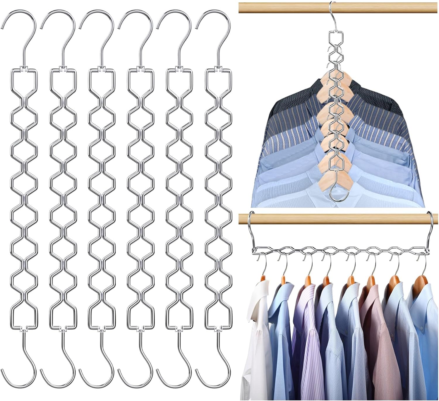 Space Saving Hangers for Clothes 6 Pack, Sturdy Metal Hangers Heavy Duty Magic Clothes Space Saver Hanger Organizer with 360° Swivel Hook, Closet Organizers and Storage Dorm Room Essentials Silver