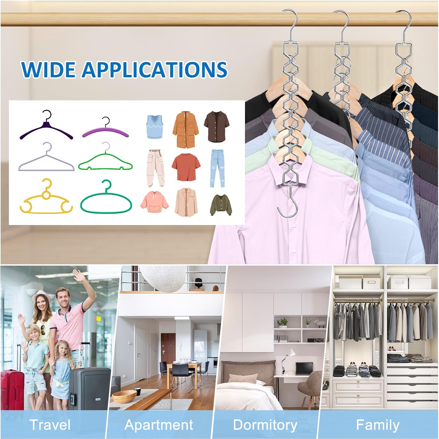 Space Saving Hangers for Clothes 6 Pack, Sturdy Metal Hangers Heavy Duty Magic Clothes Space Saver Hanger Organizer with 360° Swivel Hook, Closet Organizers and Storage Dorm Room Essentials Silver