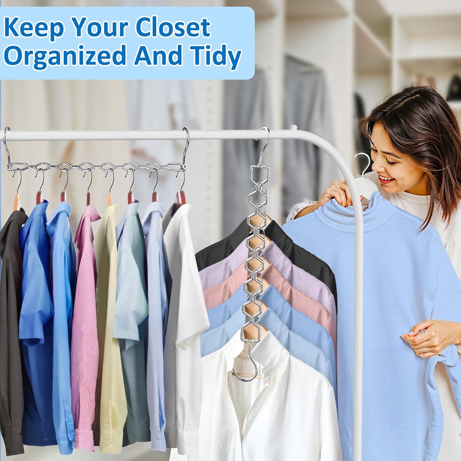 Space Saving Hangers for Clothes 6 Pack, Sturdy Metal Hangers Heavy Duty Magic Clothes Space Saver Hanger Organizer with 360° Swivel Hook, Closet Organizers and Storage Dorm Room Essentials Silver