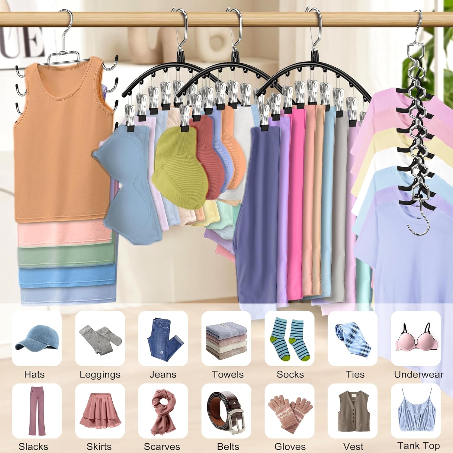 5 Pack Legging Organizer for Closet Hanging, 3 Pants Leggings Hangers with 30 Clips, 1 Tank Top Hanger, 1 Metal Magic Space Saving Hangers Closet Organizers and Storage for Pants Skirts Bra
