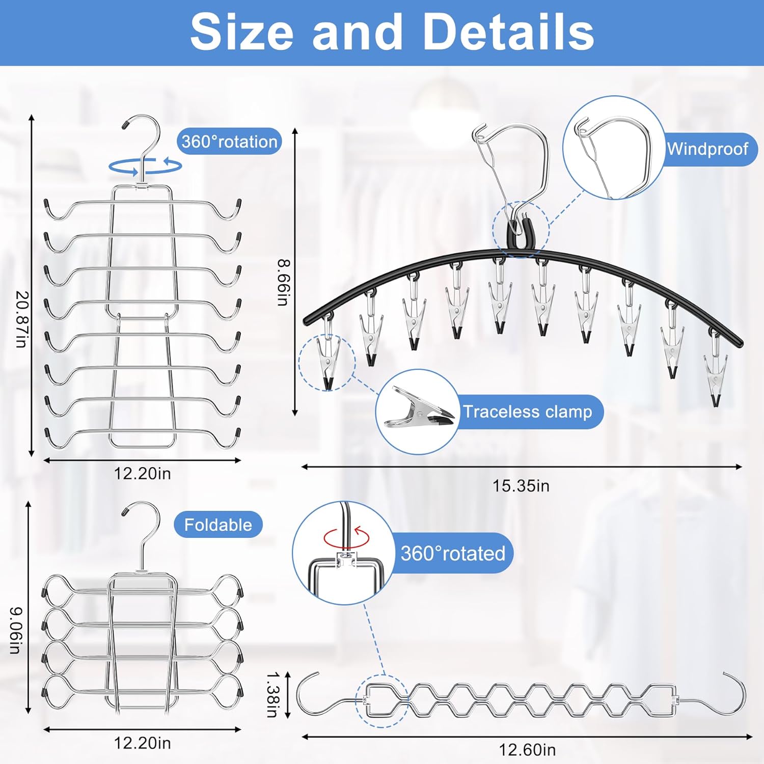 5 Pack Legging Organizer for Closet Hanging, 3 Pants Leggings Hangers with 30 Clips, 1 Tank Top Hanger, 1 Metal Magic Space Saving Hangers Closet Organizers and Storage for Pants Skirts Bra