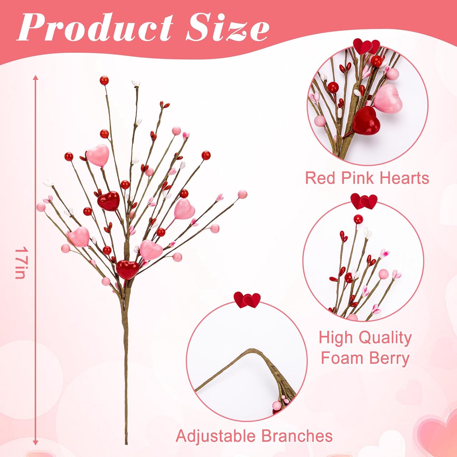 Valentines Day Decorations, Valentine Artificial Flowers Picks Pink Red Heart Shaped Berry Stems Valentines Day Gifts for Home Wedding Candlelight Dinner Anniversary Birthday Party Office Table Decor