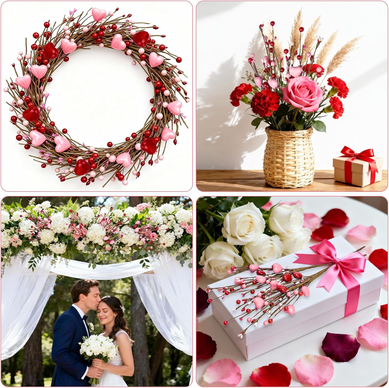 Valentines Day Decorations, Valentine Artificial Flowers Picks Pink Red Heart Shaped Berry Stems Valentines Day Gifts for Home Wedding Candlelight Dinner Anniversary Birthday Party Office Table Decor