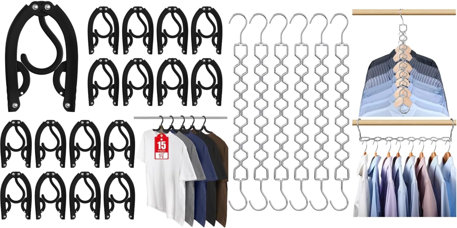 6 Pack Space Saving Hangers for Clothes, Heavy Duty 30Lbs Capacity Clothes Metal Hanger Organizer, 15 Pcs Travel Hangers Portable Foldable Travel Hanger Organizer