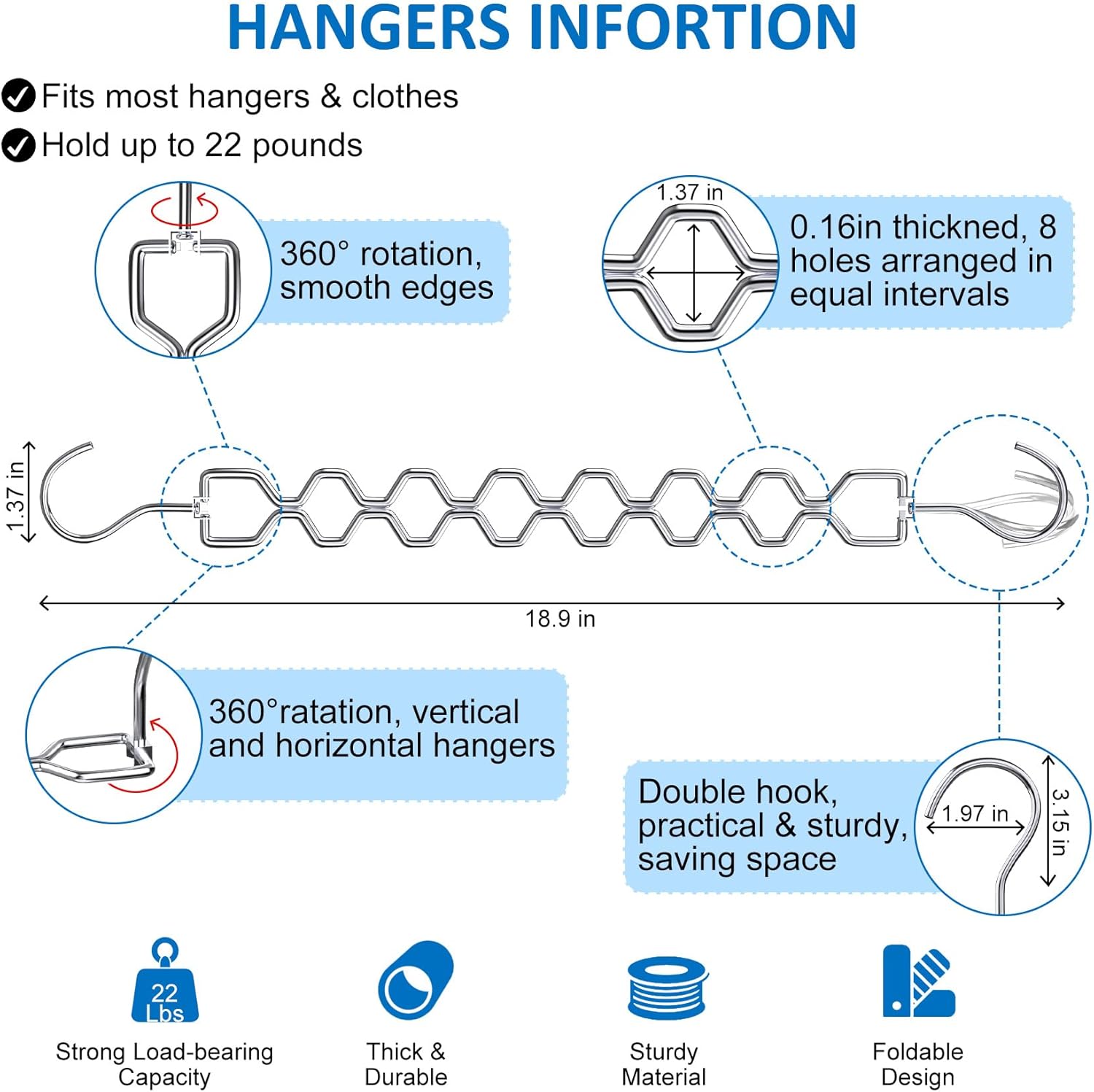 6 Pack Space Saving Hangers for Clothes, Heavy Duty 30Lbs Capacity Clothes Metal Hanger Organizer, 15 Pcs Travel Hangers Portable Foldable Travel Hanger Organizer