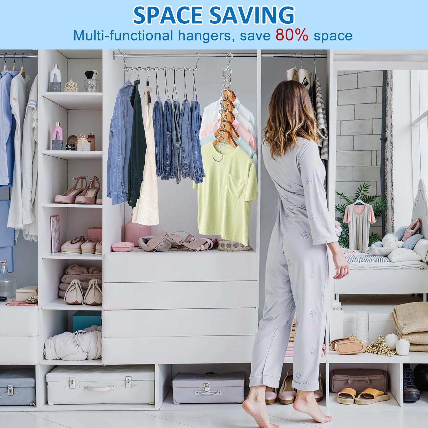 6 Pack Space Saving Hangers for Clothes, Heavy Duty 30Lbs Capacity Clothes Metal Hanger Organizer, 15 Pcs Travel Hangers Portable Foldable Travel Hanger Organizer