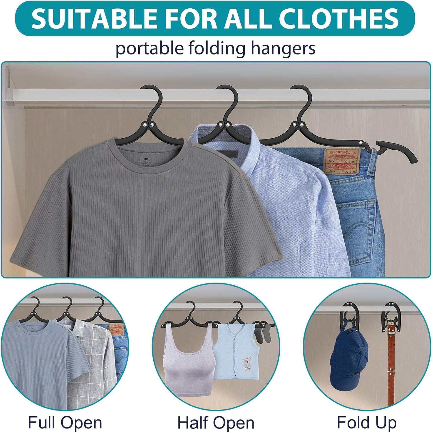 6 Pack Space Saving Hangers for Clothes, Heavy Duty 30Lbs Capacity Clothes Metal Hanger Organizer, 15 Pcs Travel Hangers Portable Foldable Travel Hanger Organizer