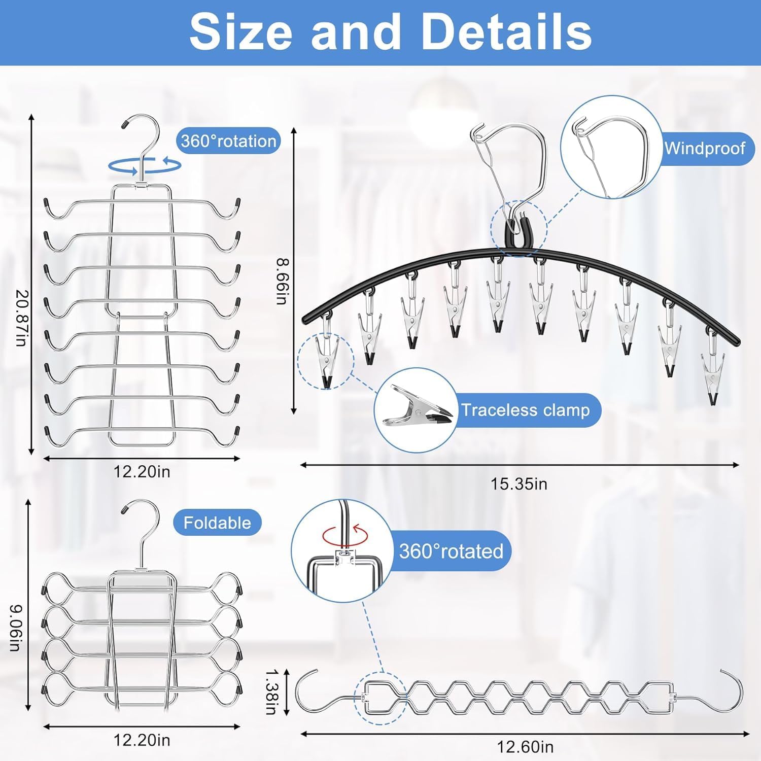 Legging Organizer for Closet Hanging, 3 Pants Leggings Hangers with 30 Clips, 2 Pack Pant Hangers Skirt Hangers, 1 Tank Top Hanger, 1 Metal Magic Space Saving Hangers Closet Organizers and Storage