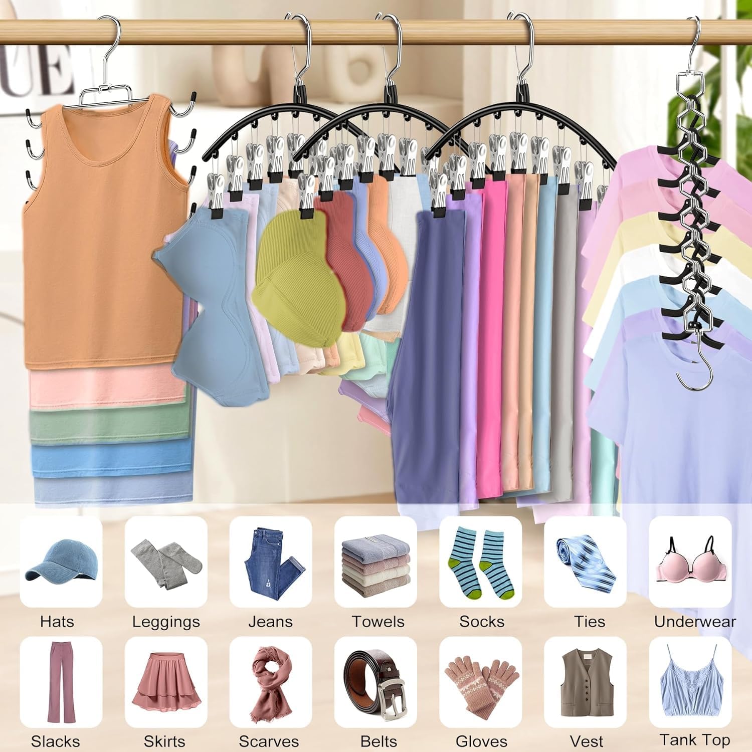 Legging Organizer for Closet Hanging, 3 Pants Leggings Hangers with 30 Clips, 2 Pack Pant Hangers Skirt Hangers, 1 Tank Top Hanger, 1 Metal Magic Space Saving Hangers Closet Organizers and Storage