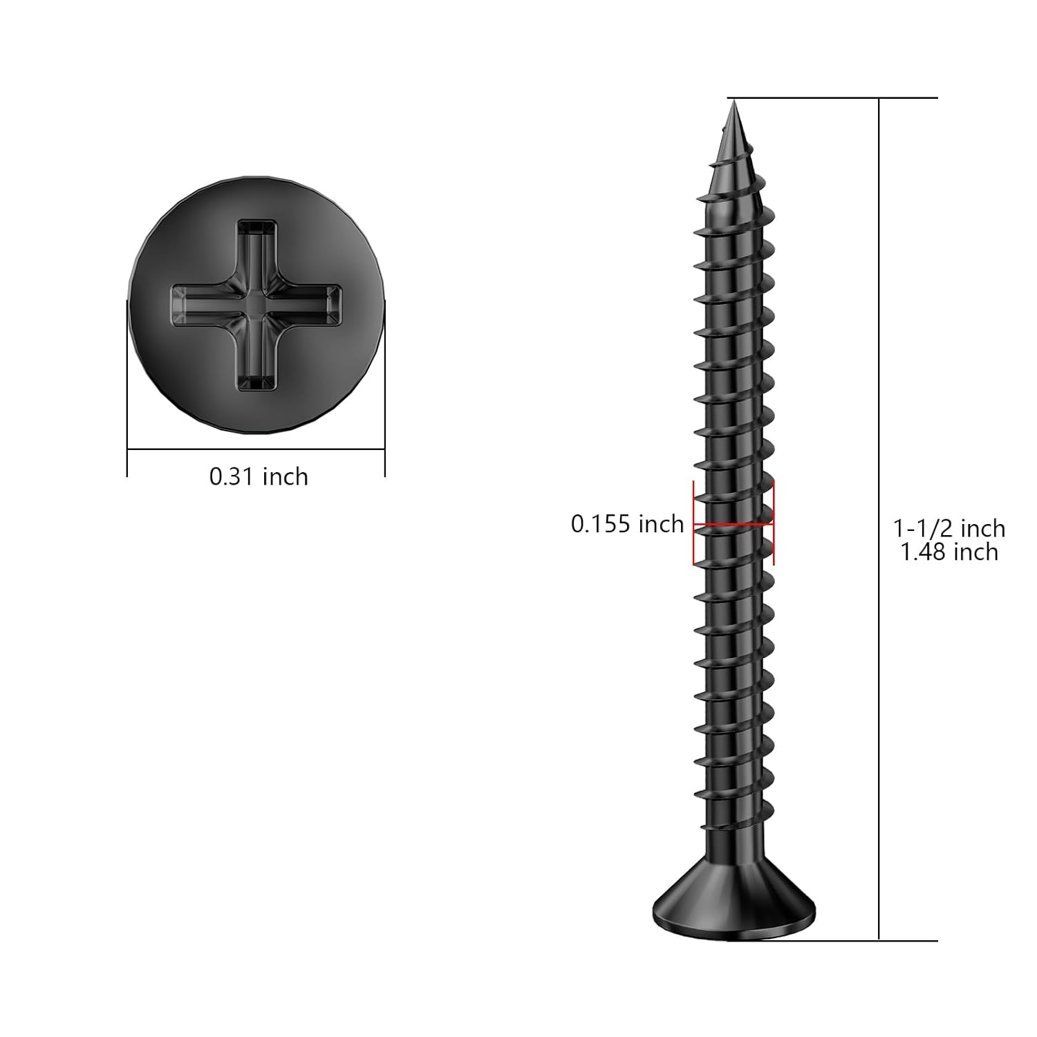 300Pcs #8x1-1/2 Black Wood Screw Quick Metal Self Tapping Flat Head