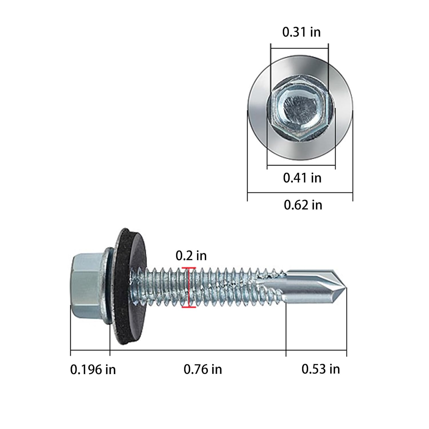 300pcs #12X1-1/4 Extended Hexagonal self-Tapping zinc-Plated Screws with Rubber washers,10mm Steel Plate can be drilled