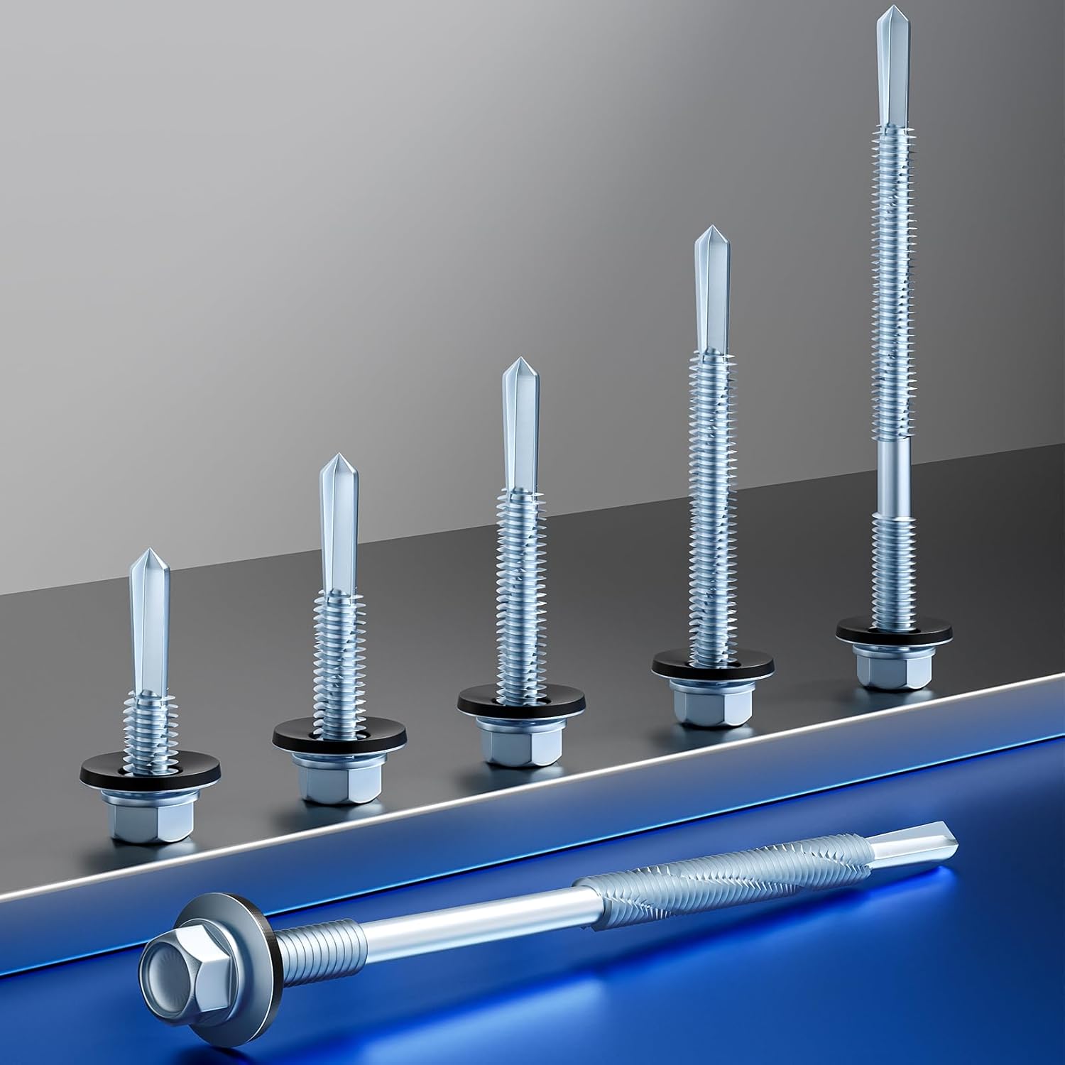 300pcs #12X1-1/4 Extended Hexagonal self-Tapping zinc-Plated Screws with Rubber washers,10mm Steel Plate can be drilled