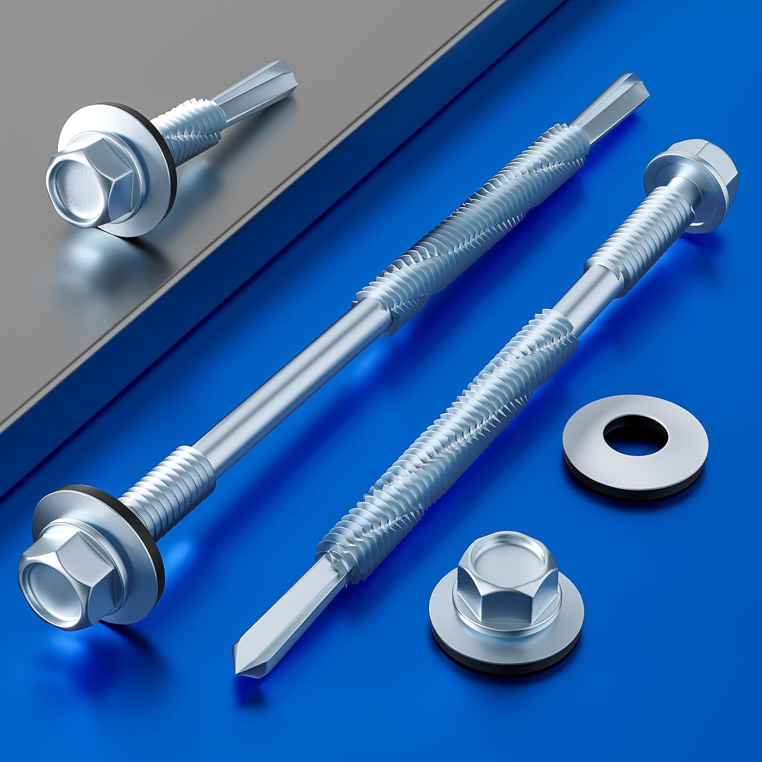 300pcs #12X1-1/4 Extended Hexagonal self-Tapping zinc-Plated Screws with Rubber washers,10mm Steel Plate can be drilled