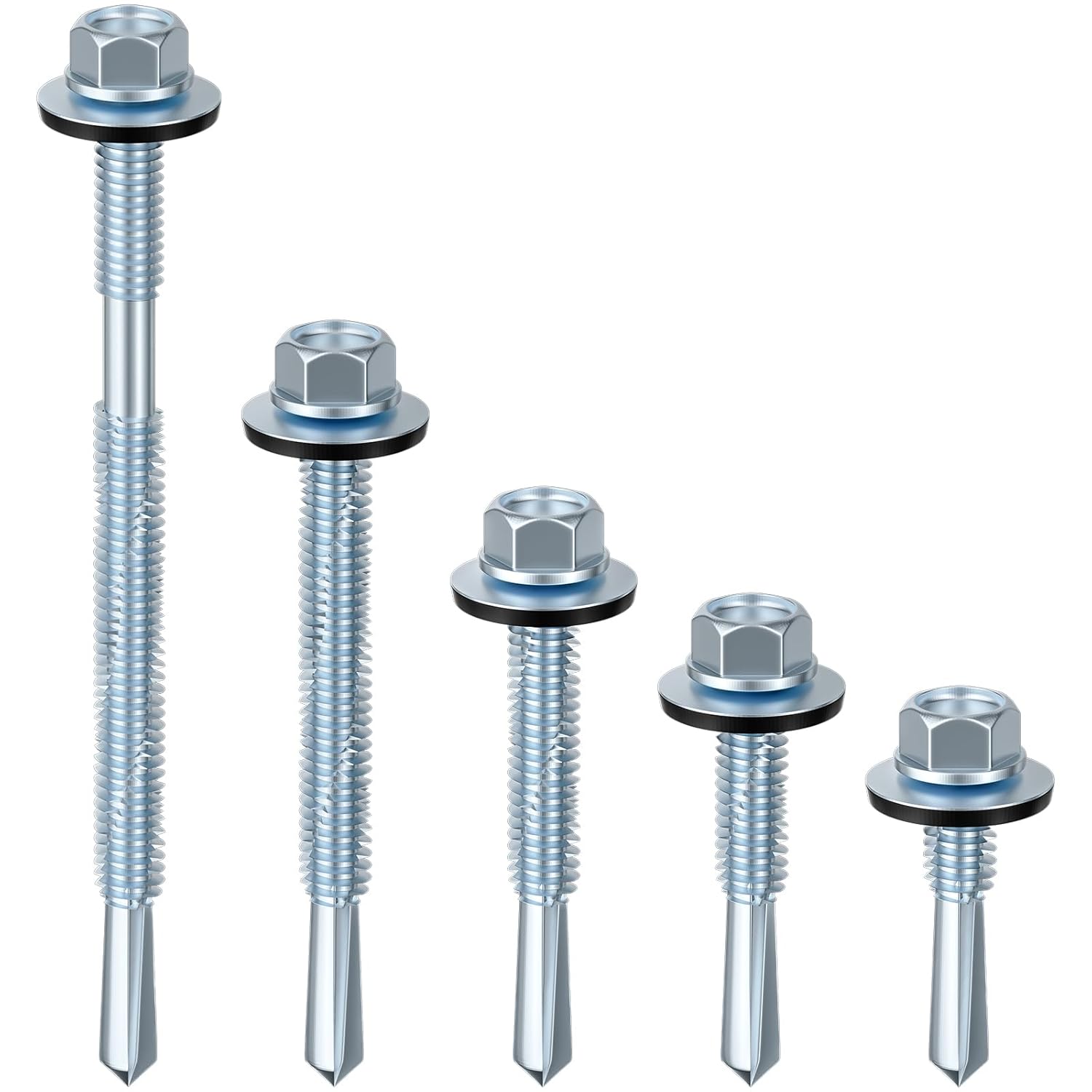 300pcs #12X1-1/4 Extended Hexagonal self-Tapping zinc-Plated Screws with Rubber washers,10mm Steel Plate can be drilled