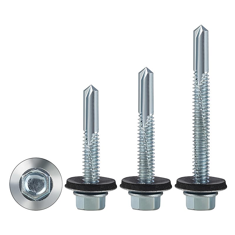 300pcs #12X1-1/4 Extended Hexagonal self-Tapping zinc-Plated Screws with Rubber washers,10mm Steel Plate can be drilled