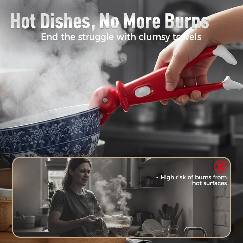 3 Pcs Hot Plate Grippers, Upgraded Bowl Gripper for Kitchen, Multi-Purpose Non-Slip Gripper Tongs for Microwave, Oven, Air Fryer, Steamer, Pots & Bowls Red